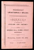 Wednesday Football Club menu for a dinner to commemorate the 1896 F.A.