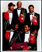 "Champions Forever" multi-signed boxing photograph, signed in silver marker pen by Muhammad Ali,