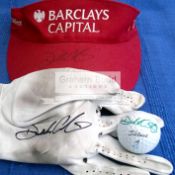 Darren Clarke signed golf visor, Titleist golf glove & personalised markings golf ball,