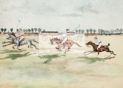 Watercolour of a Polo match in Colonial India, signed with initials A.S.B.