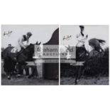 A pair of framed 1960 Grand National photographs signed by Merryman II's winning jockey Gerry Scott,