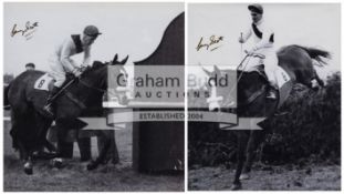 A pair of framed 1960 Grand National photographs signed by Merryman II's winning jockey Gerry Scott,