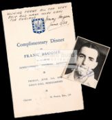 Dinner menu in celebration of the Aston Villa player Frank Broome being capped for England in 1938,