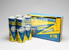 Four metal cans of Pennsylvania X-76 tennis balls in original cardboard box forming a dozen set,
