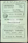 Plymouth Argyle v Chesterfield programme 6th February 1937, light folds with writing on cover,
