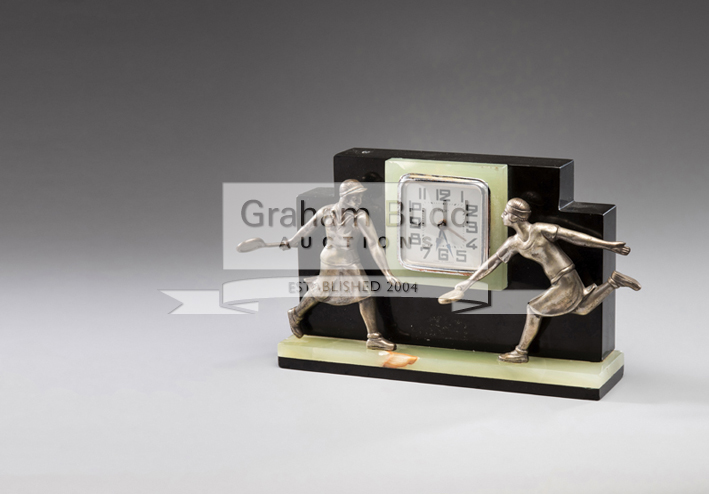 French Art Deco marble & onyx clock circa 1925 featuring a ladies singles tennis match between