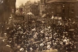 A superb black & white photograph titled Arrival of the Cup in Burnley 1914, the large 21 by 30in.