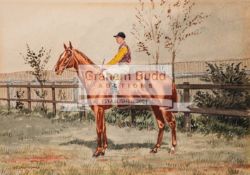 Walter Vernon (early 20th century) PORTRAIT OF THE RACEHORSE "SAUSORINO" WITH JOCKEY UP signed,