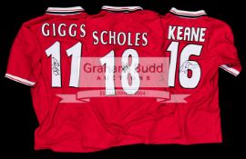 Trio of signed Manchester United replica home jerseys, Keane No.16, Scholes No.18 & Giggs No.