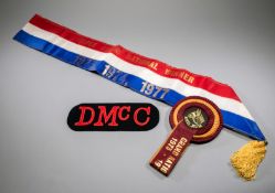 Red Rum Triple Grand National Winner public appearance sash and rosette, the sash in red,
