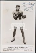 Sugar Ray Robinson signed publicity photograph, 7 1/2 by 4 1/2in.