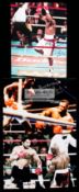 Three large colour photographs signed by the boxers Riddick Bowe, Buster Douglas & Roberto Duran,