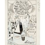 A Roy Ullyett original cartoon artwork featuring the 1965 St Leger, signed, pen & ink & blue crayon,