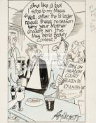 A Roy Ullyett original cartoon artwork featuring the 1965 St Leger, signed, pen & ink & blue crayon,