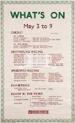 London Transport poster for sporting fixtures in May 1931, titled WHAT'S ON , MAY 3 to 9,