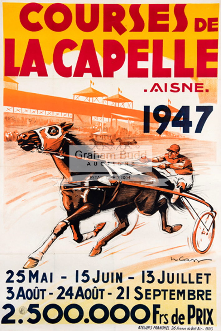 Large 1947 French poster for trotting races at La Capelle racetrack,