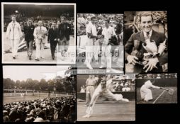 Six period b&w press tennis photographs, subjects including Davis Cup, Roehampton, Fred Perry etc.