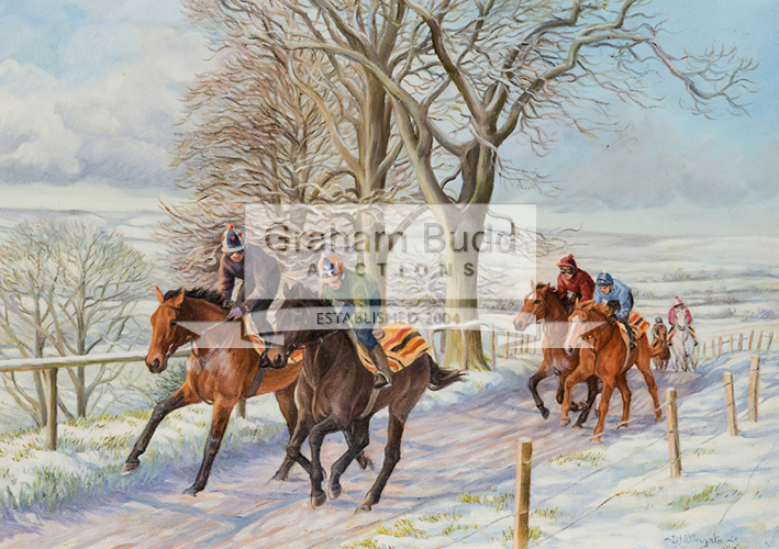 Sue Wingate (contemporary) RACEHORSES ON THE GALLOPS IN WINTER signed, oil on canvas, 52 by 71cm.