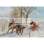 Sue Wingate (contemporary) RACEHORSES ON THE GALLOPS IN WINTER signed, oil on canvas, 52 by 71cm.