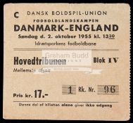 Denmark v England international football ticket 2nd October 1955, Played at Idraetsparken,