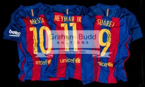 Trio of Barcelona replica home jerseys signed by Leo Messi, Luis Suarez & Neymar,