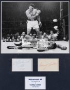 A Muhammad Ali & Sonny Liston double-signed photographic display, featuring a 10 by 13in.