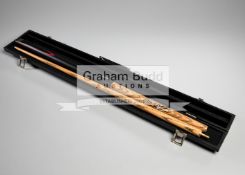 Steve Davis signed snooker cue, a BCE LB-100 57" two-piece ash shafted cue with ebonised butt,