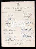 Official autograph sheet for the MCC 1948-49 Tour to South Africa,