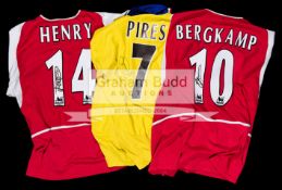 Trio of Arsenal replica jerseys signed by 'Invincibles', red & white home Bergkamp No.10 & Henry No.