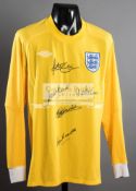 Yellow England retro goalkeeping jersey signed by five 'keepers, Peter Shilton, Gordon Banks,