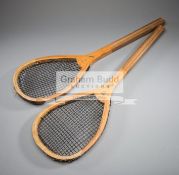 Two Grays of Cambridge real tennis racquets, one stamped STRUNG BY L.W.R.