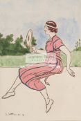 French watercolour of a lady tennis player, indistinctly signed, dated 1919, 17 by 11cm.