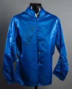 Royal blue Godolphin silks (no cap) signed by jockey Frankie Dettori,