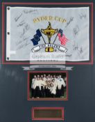 A 2002 Ryder Cup souvenir pin flag fully-signed by the winning European team,