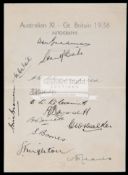 Official autograph sheet of the 1938 Australians, 13 signatures Bradman, Fingleton, Brown,