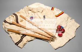 John Edrich collection, 5 sweaters, 4 Test Match cricket balls and 3 cricket stumps,