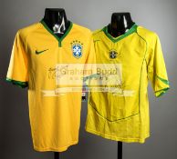 A duo of Brazil 5-star replica jerseys bearing the signatures of the 1970 World Cup winners Pele,
