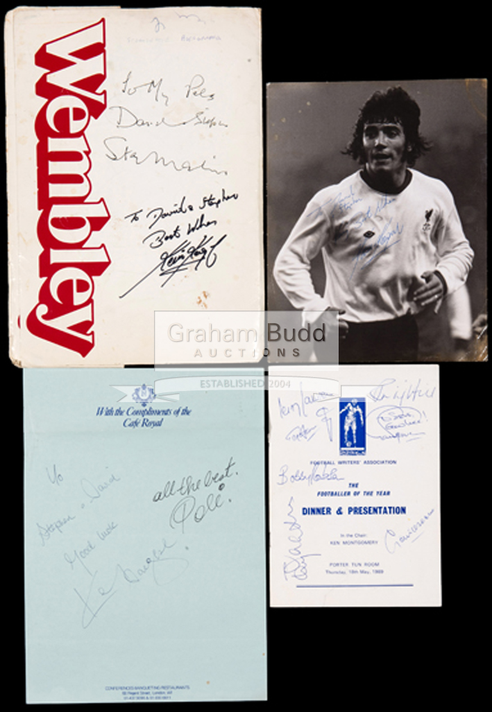 Football autographs, signed awards evening menus (often multi-signed), photos, Wembley brochures.