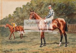 Walter Vernon (early 20th century) PORTRAIT OF THE RACEHORSE "SIGNORILLO" WITH JOCKEY UP WITH