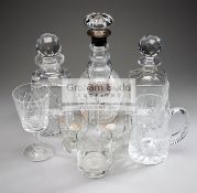 Glassware presented to Godfrey Evans, three decanters & stoppers,