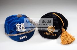 Two sporting caps dated 1904 and 1913-1914, issue unknown, both with elaborate monograms,