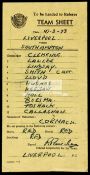 Official Football League team sheet: Liverpool v Southampton 10th March 1973,