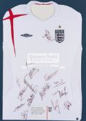 A white England football jersey signed by the touring squad to USA and Colombia in May 2005,