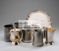 Seven Godfrey Evans presentations, comprising: two silver-plated tankards,