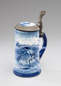 Rare German Delft-style blue & white porcelain beer stein 1890 depicting a game of tennis,