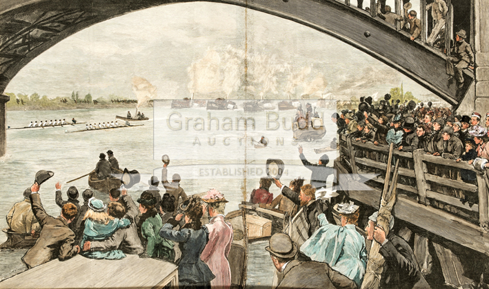 A Victorian coloured engraving of the Oxford and Cambridge University Boat Race,