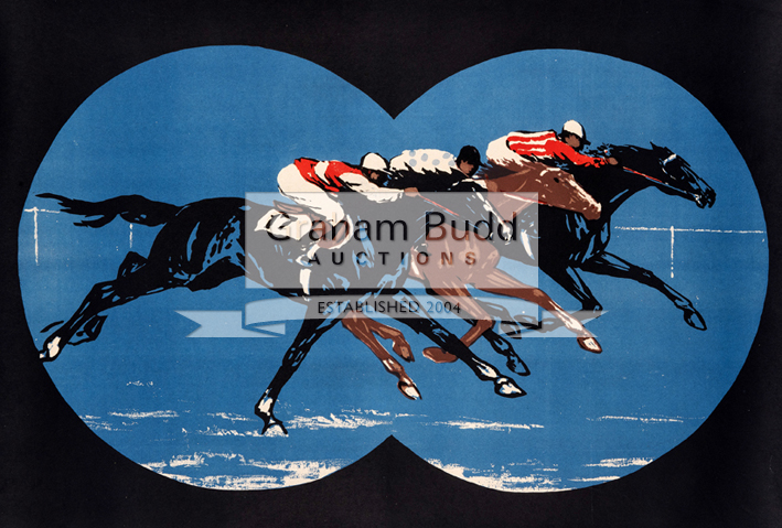 Vintage horse racing poster designed as a view of the runners from a pair of binoculars, anonymous,