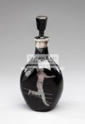 Art Deco black glass carafe & stopper with silver overlay gentleman tennis player, height 17cm.