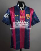 A team-signed replica of Lionel Messi's Barcelona 2015 Champions League Final jersey, with badging,