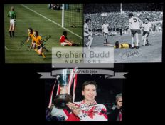 A trio of signed Arsenal football photographs portraying Cup winning moments, all 12 by 16in.